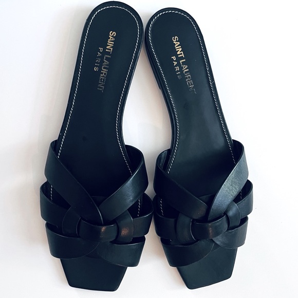 Yves Saint Laurent Shoes - YSL Saint Laurent Tribute Leather Slides Sandals Black size 38.5